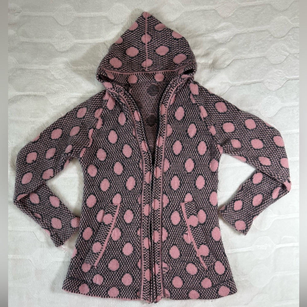Pink and Black Polka Dot Hooded zip up sweater for women size S/M. Soft and warm